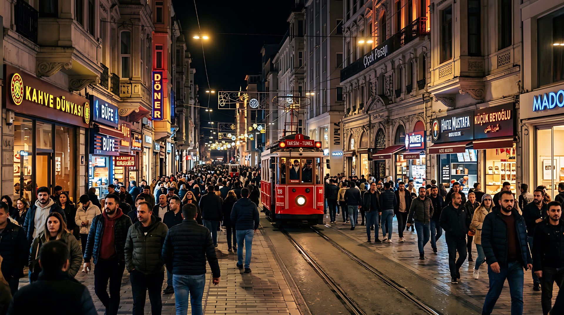 Davy ľudí na triede Istiklal v Istanbule v noci a červená historická električka